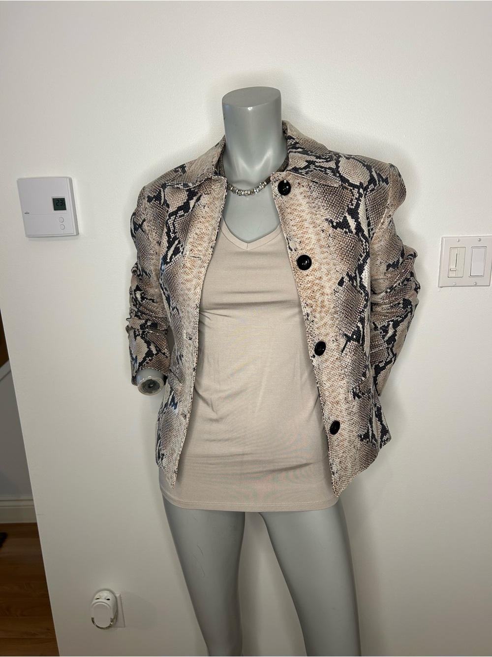 Women’s Snake-Print Beige & Black Leather Jacket